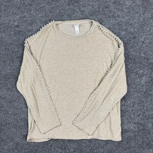 H&M Knit Top Womens Size L Beige Viscose Pearl Embellished Long Sleeve Casual